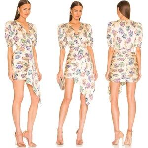 RONNY KOBO Monica Silk Floral Print Ruched  Waist Short Sleeve V Neck Mini Dress